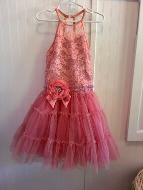 Girls Coral Pink Lace Tulle Party Dress with Flower Accent & Matching Hair Clip